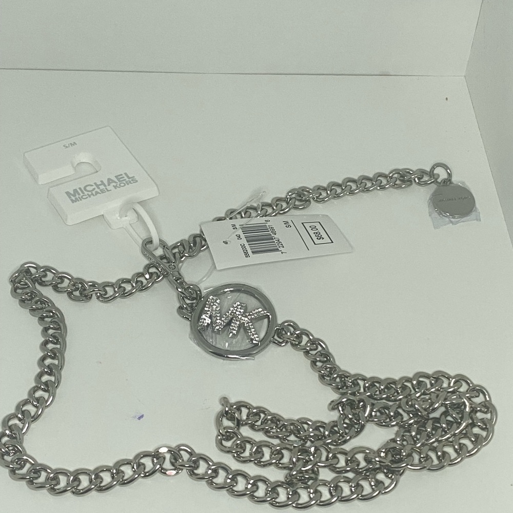 MICHAEL KORS SILVER CRYSTAL LOGO CHAIN BELT NWT SIZE SMALL/MEDIUM